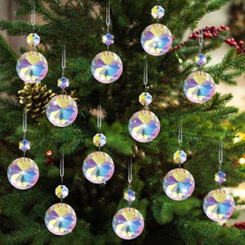 Christmas Tree Decorations Crystal Prism Ornaments- 12pcs AB Color Round Hanging Crystal Ornaments with Beads Rainbow Maker for Xmas Tree Chandeliers Suncatchers Birthday Wedding Party Home Decor
