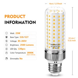 E26 LED Bulb, 25W Corn Light 200W Equivalent 3000K Warm White 2500LM Non-dimmable Flicker Free for Ceiling Fan, Indoor Outdoor Home Garage Warehouse - Pack of 3