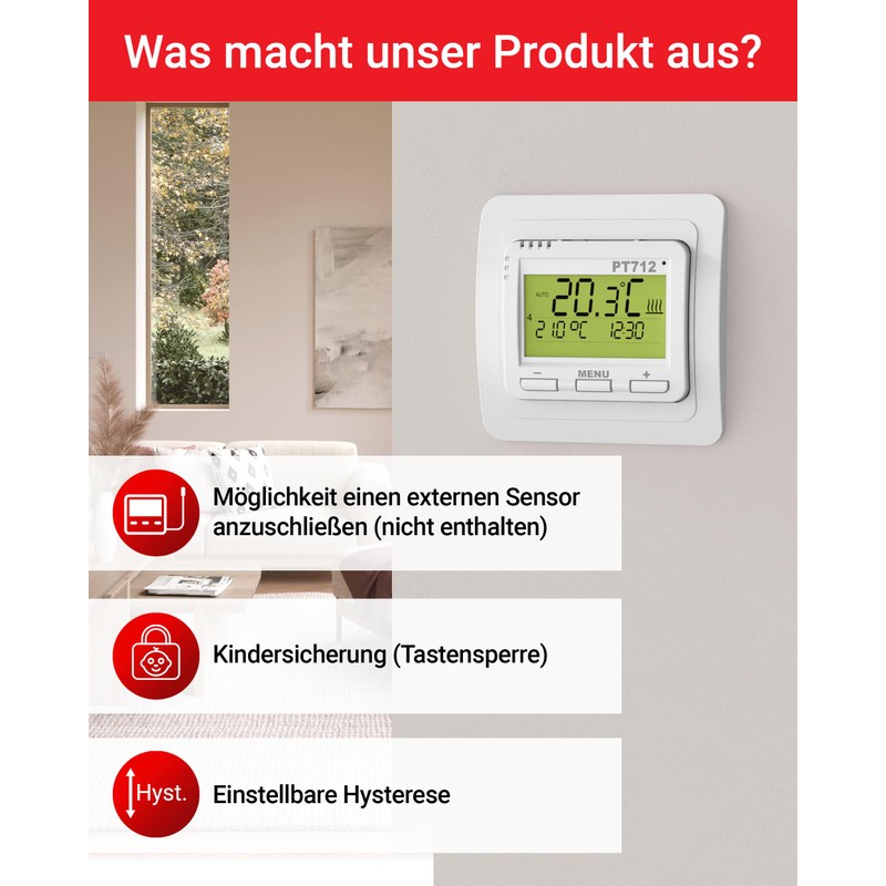 ELEKTROBOCK PT712 Digitaler Raumthermostat 230V - Programmierbarer Wandthermostat mit beleuchtetem