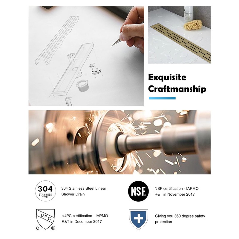 HTOH Brushed Gold Shower Drain 28 Inch, 304 Stainless Steel