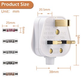 2 Pack 3 Pin Plug UK 13 Amp Plugs Fused Mains Plugs White Plug with 3A 5A 7A 10A 13A Domestic Fuses Kit