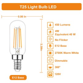 Vinaco T25 Light Bulb LED 2700K Warm White, 6 Pack Dimmable T6 E12 LED Bulb 450LM Clear Glass Filament，Candelabra T6 T25 E12 Bulbs 4W Equivalent 40W 120V, No Flicker Light Bulb for Chandeliers