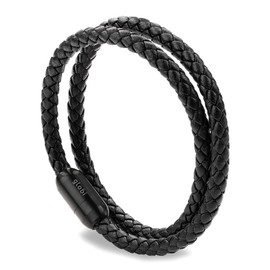 Globi Leather Bracelet For Men | Genuine Wrap Braided Leather Cuff Bangle Bracelet with Magnetic Stainless Steel Clasp For Men/Women (Black 8”)