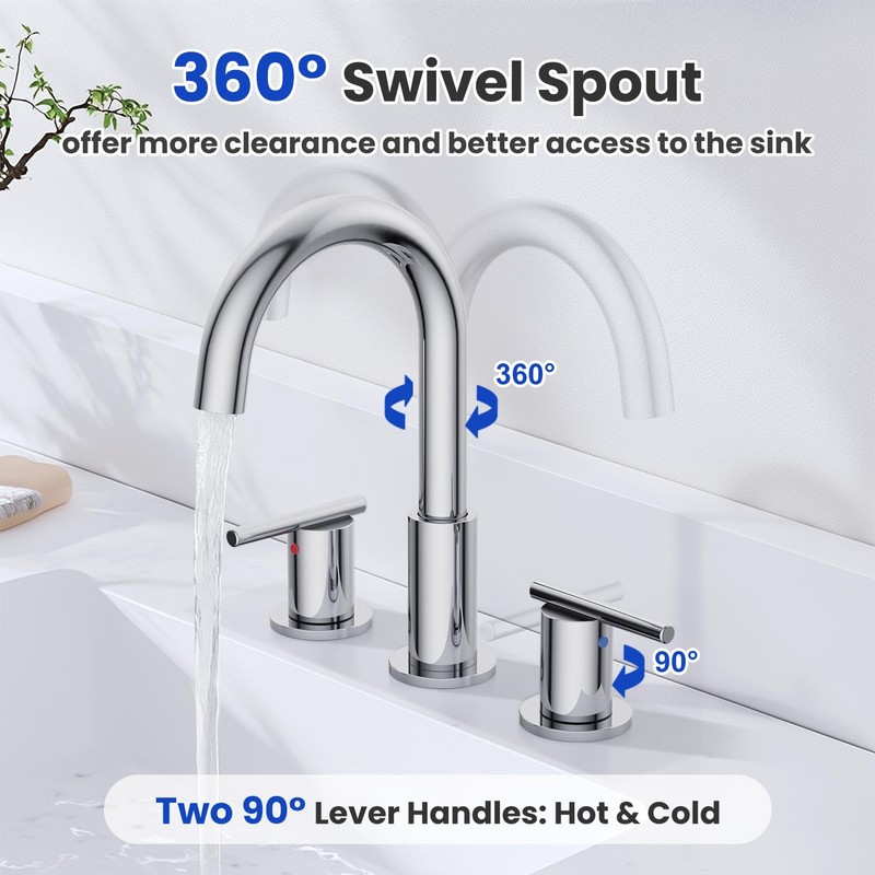 Bathroom Faucets for 3 Hole Sinks, Hurran 8 Inch Chrome