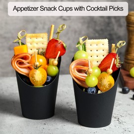 60 Sets Disposable Charcuterie Cups with Sticks and Bags, 14 oz Black Kraft Paper Snack Boxes Appetizers Cup French Fry Holder with Cocktail Skewers Toothpicks Tooth Picks(60 Cups+60 Bags+200 Sticks)