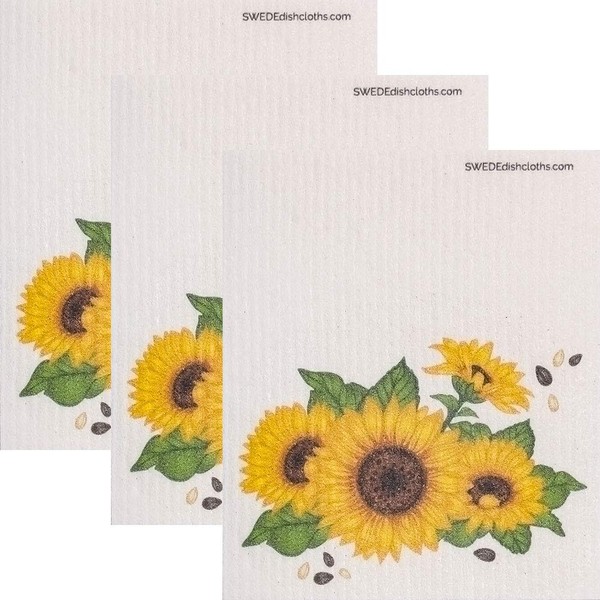 Swedish Dishcloth (Golden Sunflowers) Set of 3 Each Paper Towel Replacements | Swededishcloths | ECO Friendly Reusable Absorbent Cleaning Sponge Cloths