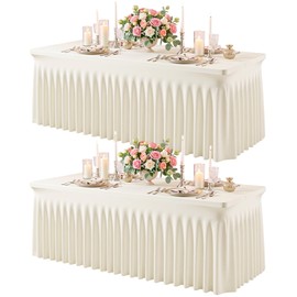 2 Pack Ivory Spandex Tablecloth for 6FT Rectangle Tables, Fitted Stretch Table Cover with Skirt, Wrinkle Free Washable Elastic Table Cloth for 6 Foot Folding Table, Wedding Banquet Baby Shower