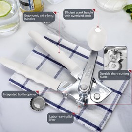 Commercial Can Opener, UHIYEE Hand Crank Can Opener Manual Heavy Duty with Comfortable Extra-long Handles, Oversized Knob, Large Handheld Can Open Easy for Big Cans, White