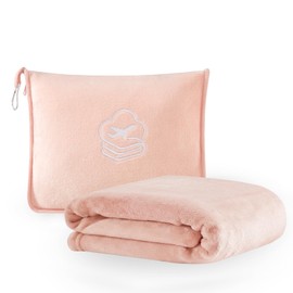 Travel Blanket, Soft 2-in-1 Airplane Blanket, 65x40 Inches, Travel Blanket Airplane Compact with Bag, Car Blanket with Luggage Sleeve & Backpack Clip (Peachy Pink)