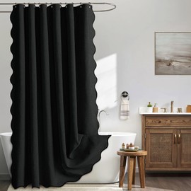 MIULEE 84" Long Scalloped Shower Curtain Linen Textured with 12 Metal Hooks Cute Extra Long Heavy Duty Washable Waterproof Cloth Shower Curtains with Black Border for Bathroom Hotel Bathtub,Black