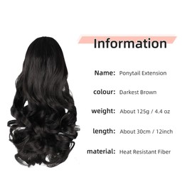HEWEICSY Ponytail Extension, Clip on Ponytails for Women, 12" Claw Clip in Short Curly Wavy Pony Hair Extension for Women - Darkest Brown