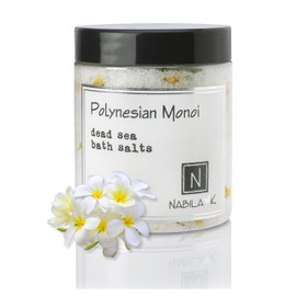 Polynesian Monoi Bath Salts by Nabila K - Dead Sea Salt & Epsom Salt Scrub & Soak - Exfoliates & Hydrates Skin, Botanical Essential Oils - Bubble Bath Accessories for All Skins Types, 2 oz