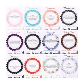 SAMOCO 12Pcs Crystal Stone Beaded Bracelets for Women Men Semi-Precious Gemstones Bracelets Crystal Beaded Bracelet Unisex Adjustable Stretch Bracelets 8MM