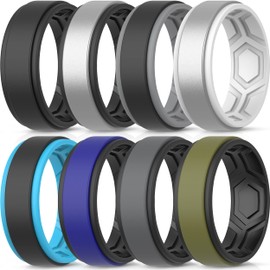 ThunderFit Silicone Wedding Rings for Men, Breathable Airflow Pattern 9mm Wide 2mm Thick - 1/4/5/8 Variety Multipack (8 Rings Combination B - Size 11.5-12 (21.3mm))