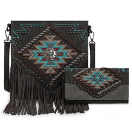 Montana West Aztec Crossbody Bags for Women Fringe Shoulder Bag for Women with Wallet 2Pcs Set MW1315G-9360WBK