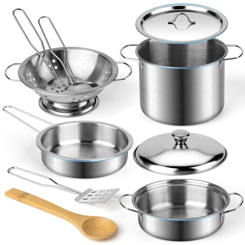Juboury Kitchen Pretend Play Toys with Stainless Steel Cookware Pots