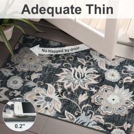 Beeiva Floral Laundry Room Rug, 2x5 Black Ultra Thin Kitchen Rugs and Mats Non Skid Washable, Vintage Front Door Rug Small Bedside Rug Machine Washable Runner Rug for Entryway Bedroom Kitchen
