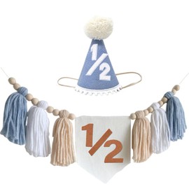 Half Birthday Decorations for Baby Boy Blue Handmade 1/2 Birthday High Chair Banner with Cone Hat for Boy 1/2 Birthday Wall Hangings Decorations
