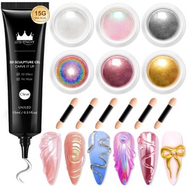 3D Nail Gel and Chrome Nail Powder Kit BISHENGYF: 15g No Wipe 3D Sculpting Gel Aurora Rose Pink White Pearl Gold Chrome Nail Powder with Clear 3D Carving Nail Molding Glue Set for Nail Art Decoration