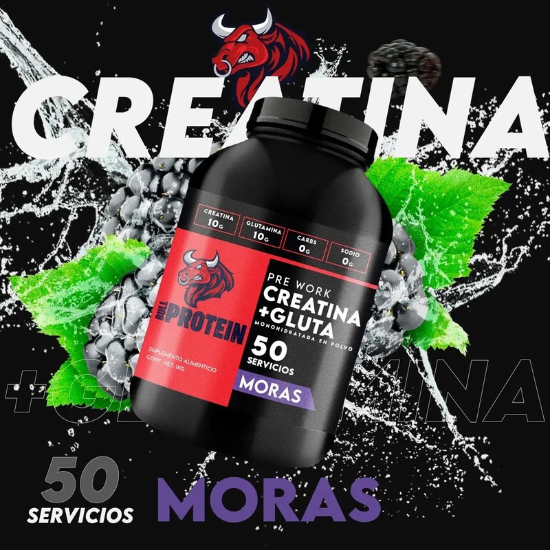 Suplemento Creatina Glutamina Bull Protein 1kg 50servicios
