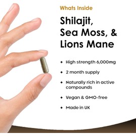 Shilajit Seamoss and Lions Mane Capsules 6000mg - High Strength Complex - 60% Fulvic Acid Shilajit, Irish Sea Moss, Lions Mane 100% Fruiting Body - Vegan, UK Made 120 Capsules