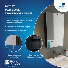 Croydex Dawley Single Door, Surface Mount Bathroom Cabinet, 16'' W x 26'' H, Matt Black