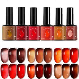 Translucent Nude Gel Nail Polish Set - 6 Colors: Sheer Tortoise, Red Coral, Burnt Orange, Grey, Amber Brown - Jelly Amber Gel Polish - Soak Off UV LED Manicure Art Kit - DIY Home