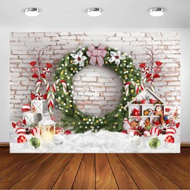 Avezano Christmas Photography Backdrop Xmas White Brick Wall Background Christmas Candy Canes Xmas Wreath Background for Kids Photo Booth Props (7x5ft)
