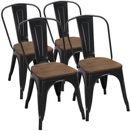 Yaheetech Metal Dining Chairs Set of 4, Industrial Stackable Kitchen Chairs with Wood Top Seat for Dining Room/Restaurant/Bistro/Patio, Indoor & Outdoor Use, Black
