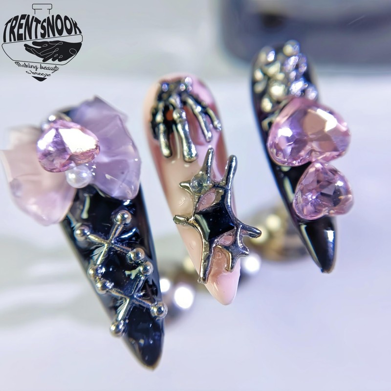 TRENTSNOOK 10 Pcs Mine Handmade Nail Tips Reusable Black Pink