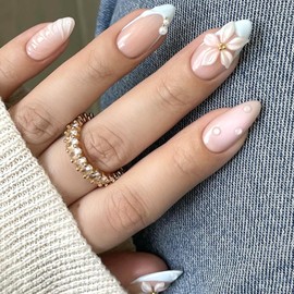 24Pcs 3D Flower Press on Nails Short Almond French Fake Nails with Gold Rhinestones Beads Floral Design Full Cover Spring Summer Nails Glue on Nails False Nails Stick on Nails for Women Acrylic Nails