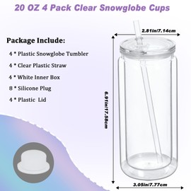 Micellwuu 20 oz Acrylic Snowglobe Tumbler, 4 Pack Double Wall Snow Globe Cups with Pre Drilled Hole, Plastic Mason Jar Cups Can for Snow Globe Glitter DIY (Clear)