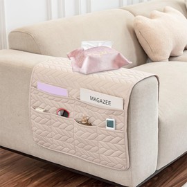 SITAKEGS Waterproof Sofa Armrest Organizer, Anti-Slip Couch Armchair Caddy Storage Bag with 6 Pockets, Sofa Arm Chair Covers Storage Bag Couch TV Remote Control Holder Store Tablet Magazine (Apricot)