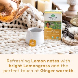 Organic India Tulsi Lemon Ginger Herbal Tea - Holy Basil, Stress Relieving & Reviving, Immune Support, Aids Digestion, Vegan, USDA Certified Organic, Non-GMO, Caffeine-Free - 18 Infusion Bags, 1 Pack