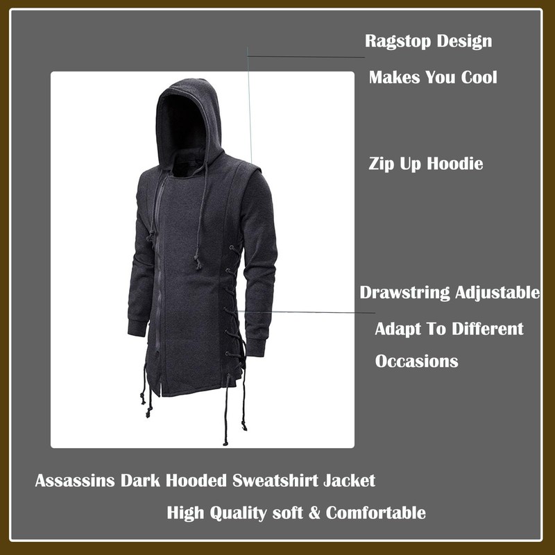 JMSUN Men Assassin Robe Hoodies Sweatshirts Gothic Asymmetrical Zipper Side