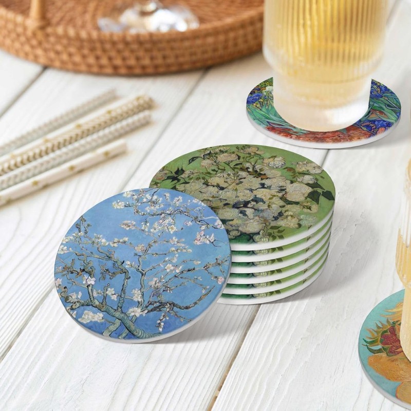 ADPON Absorbent Ceramic Coasters for Drinks with Cork Base Art