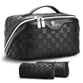 BOYATU Travel Makeup Bag Organizer: 3 Pcs Set Large Capacity Cosmetic Bags Holds 10–20 100ml Full-Size Bottles for 3–15 Day Trips - 180°Open-Flat Make up Case 3-sec touch-up - Toiletry Bag Gift women
