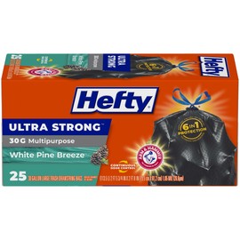 Hefty Ultra Strong 30 Gallon Trash Bags, Large Trash Bags 30 Gallon Size, Multipurpose, Break Resistant Drawstring Closure, Resists Leaks, Punctures, and Tears, Black, White Pine Breeze Scent, 25 Bags