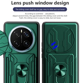 carinacoco Case for Honor Magic 7 Pro/Magic7 Pro 5G, with Slide Camera Cover+Rotating Finger Ring Stand+Removable Card Holder, Soft TPU+Hard PC Anti-Scratch Shockproof Rugged, Green
