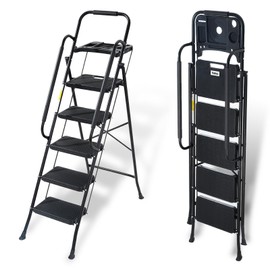 Valeo 5 Step Ladder with Handrails,500 Lbs Capacity,Folding Step Stool Ladder with Tool Platform,Wide Anti-Slip Pedal,Step Ladder 5 Step Folding,Multi-use for Home,Kitchen,Office,Black