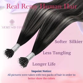 Moresoo Ombre Silver Nano Hair Extensions Human Hair 14 Inch Balayage Natural Black to Silver Nano Ring Hair Extensions 1g/s 50g/Pack Nano Beads Hair Extensions #1B/Silver/1B