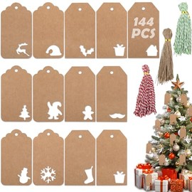 GeeRic Etiquetas de Regalo, 144Piezas Etiquetas de Papel Kraft Navideño, Etiquetas navideñas, para la Decoración de Regalos de Navidad Envolver Regalos Decoración de árboles de Bricolaje