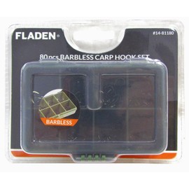 FLADEN 80 Assorted Barbless Curved and Wide Gape CARP FISHING HOOKS (Size 4, 6, 8 and 10) in Multiple Section Tackle Storage Box - 15cm x 12cm x 3cm