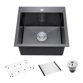 18-Inch Black Bar Sink Drop-In, SINKVINE PVD Nano Stainless Steel Kitchen Sink for Laundry, Outdoor, RV, Top Mount Deep Single Bowl Sink w/Drain Strainer, Bottom Grid, Roll-up Drying Unit, Dark Gray