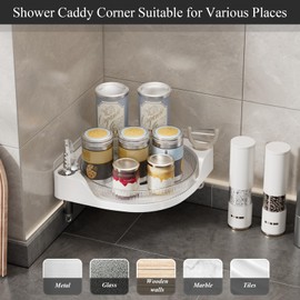 JNFUZ Corner Shower Caddy, Bathroom Wall 360° Rotating Shower Rack Adhesive Organizers Shelves Hanging Shelf for Inside Shower, No Drilling Lazy Susan Shower Storage for Bathroom, Dorm and Kitchen