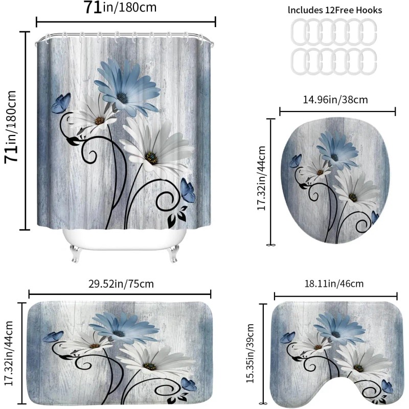 4-Piece Blue Daisy Flowers Waterproof Blackout Polyester Shower Curtain Set