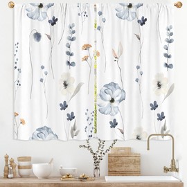 Vengaot Watercolor Floral Kitchen Curtain 27.5W X 39L Inch 2 Panel Beige Blue White Flower Minimalist Cute Plant Leaves Summer Small Short Cafe Tier Window Treatment Drapes Bathroom Curtain Home Decor