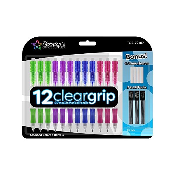 Thornton's Office Supplies ClearGrip Mechanical Pencil Starter Set 0.7mm Assorted Colors Pack of 12 for Smooth writing