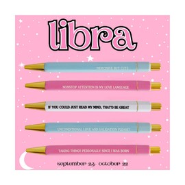 Jxueych Libra Themed Pens - Set of 5 Ballpoint Pens, Inspiring Quotes, Black Ink, 1.0mm Medium Nib - Gift for Friends and Family