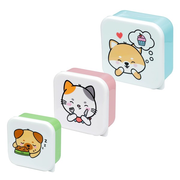 Puckator Adoramals Pets Set of 3 Lunch Box Snack Storage S/M/L - Lunchbox with Multi Compartments - Small Food Containers - Lunchbox for Adults and Kids - Girls Boys Lunchbox - Food Prep with Lids